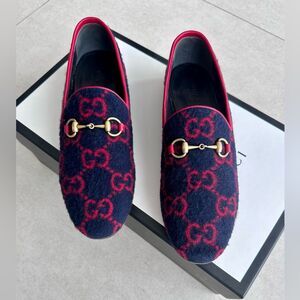 GUCCI Jordaan GG Monogram Horsebit Wool Flat Loafers Navy Blue & Red EU 37 US 7